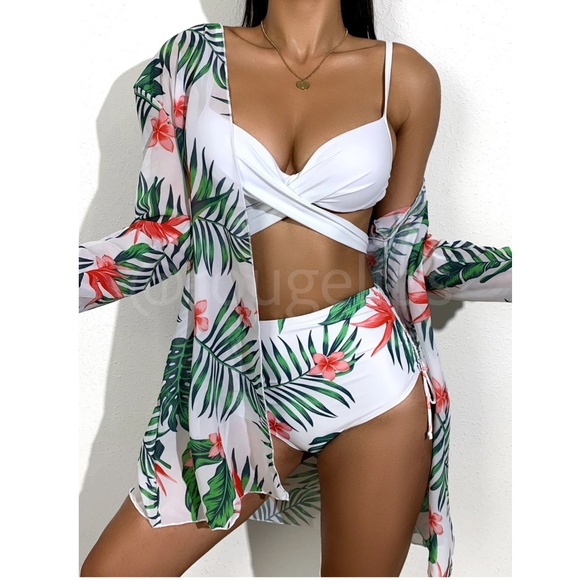 Rouge! Other - 3 Piece Tropical Print Swimwear Set White